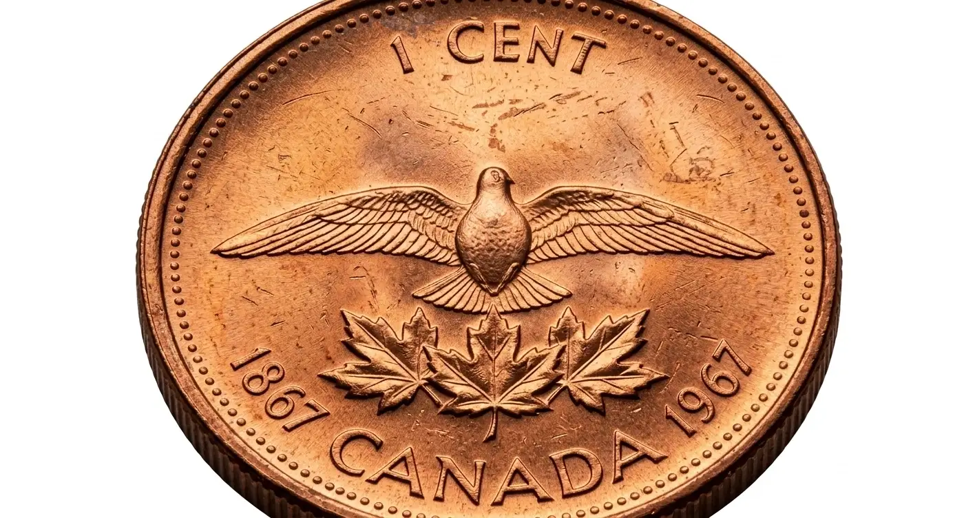 Macro close-up of Canadian penny reverse with maple leaves sharply visible