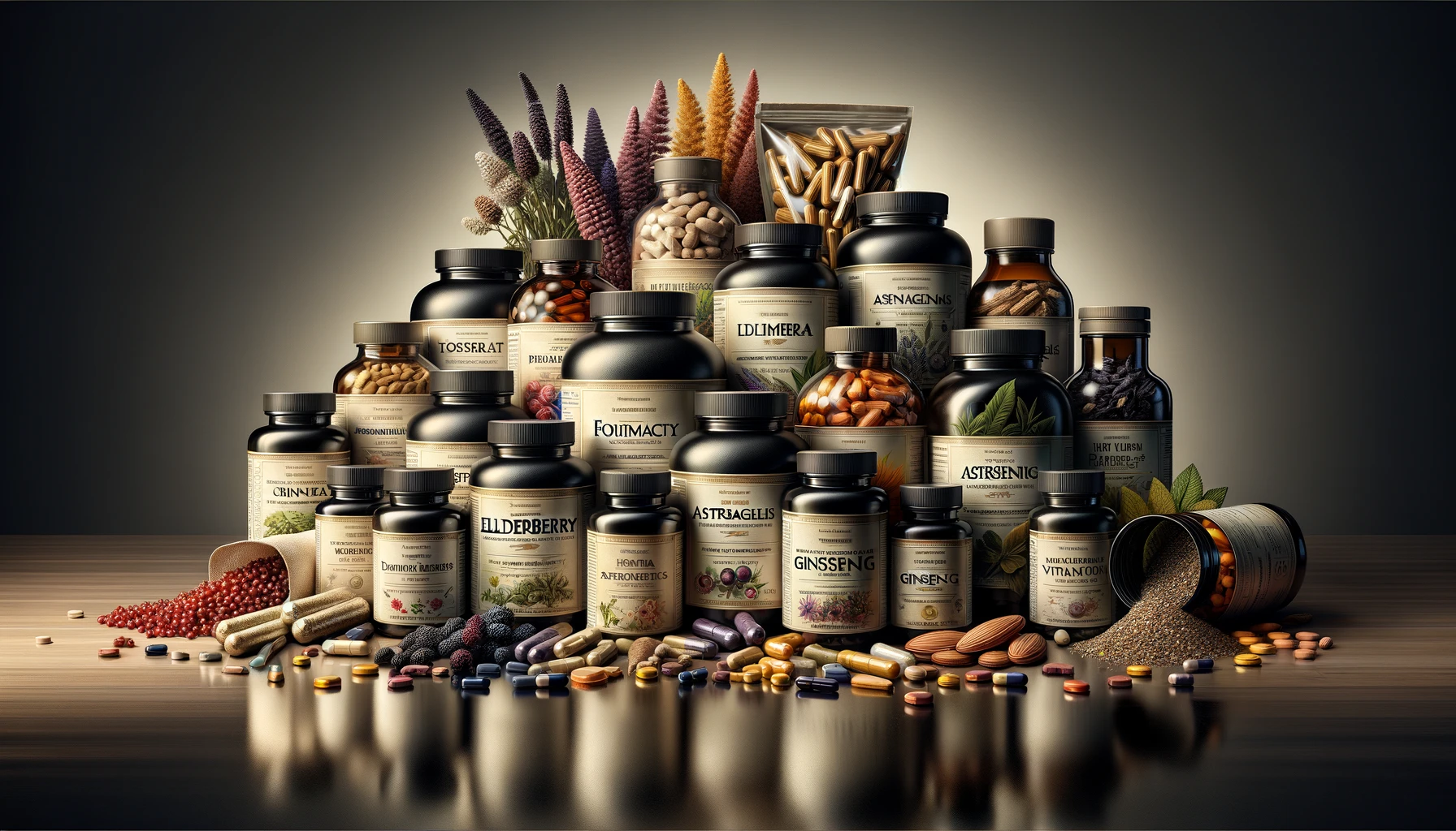 realistic still-life painting showcasing a variety of popular herbal supplements known for boosting immunity