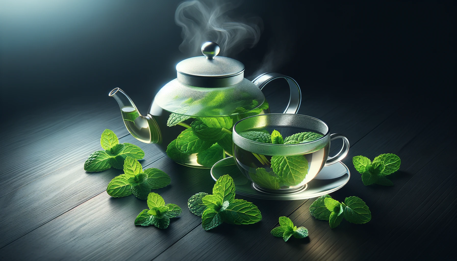 essence of a peppermint tea concept.dark wooden table that contrasts beautifully with the vibrant green of the fresh peppermint leaves.
