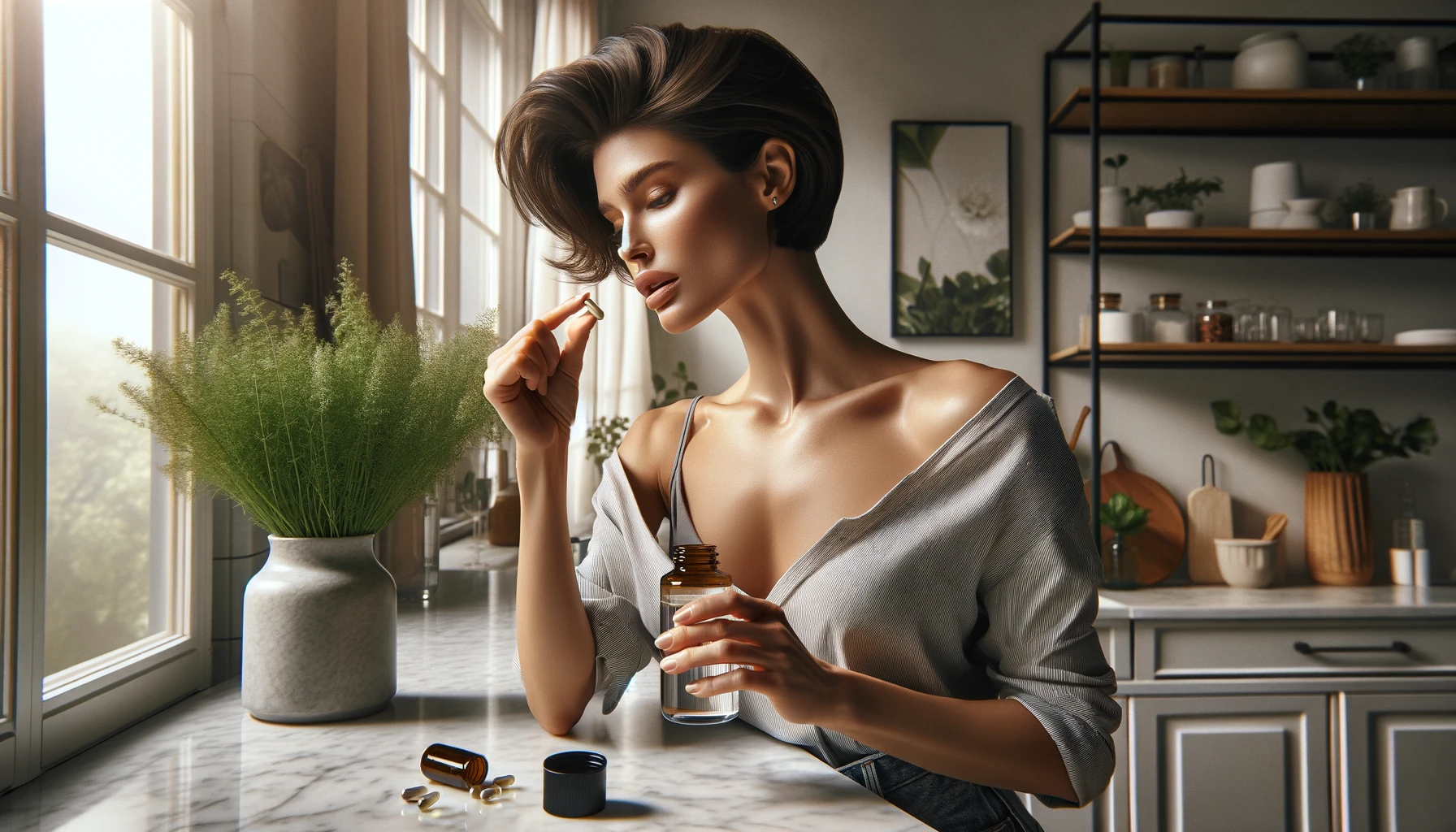 a handsome woman taking an herbal supplement.