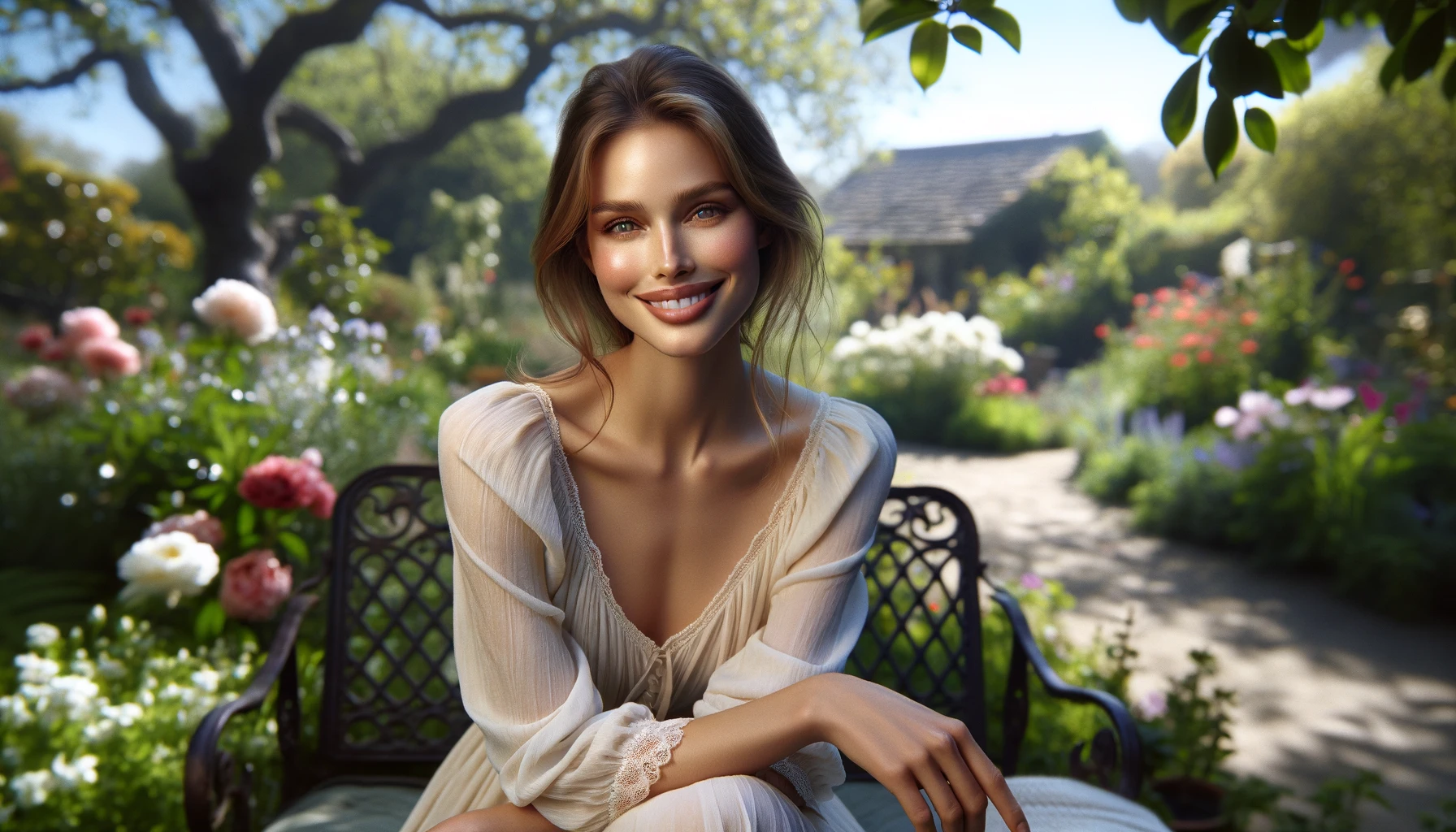 a smiling, serene woman outdoors, in a lush, tranquil garden filled with blooming flowers and greenery, under a clear blue sky