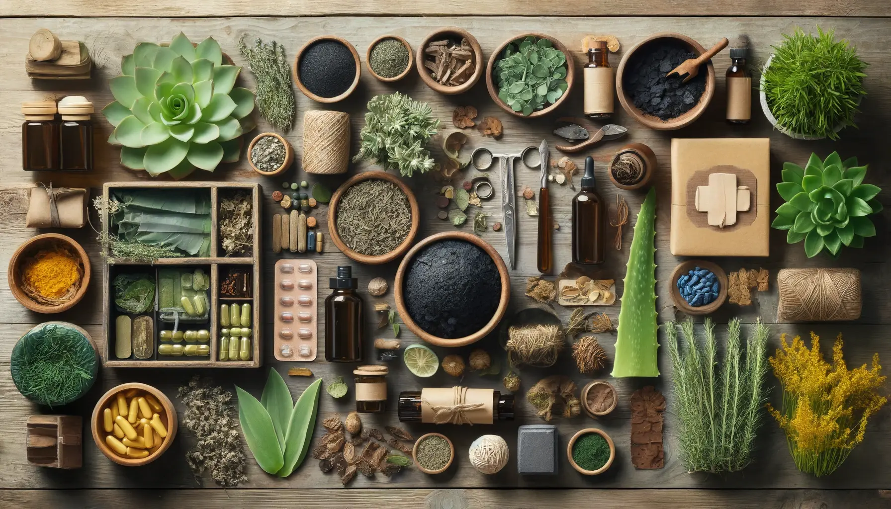  A natural setting displaying various herbs spread out on a wooden surface, indicative of a first aid context.