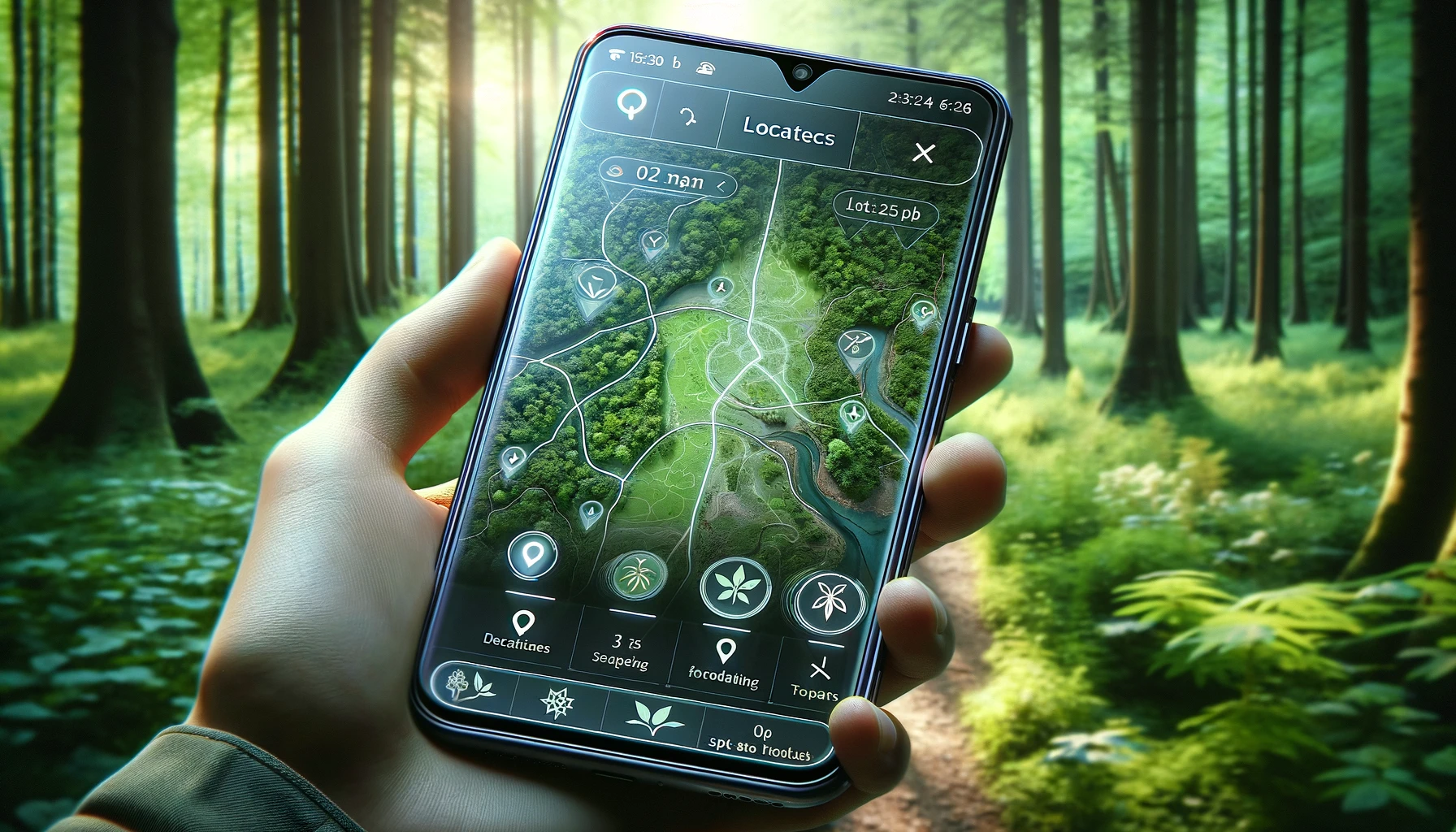 A digital display of a sophisticated location tracking app interface, shown on a smartphone screen held in a forest setting.