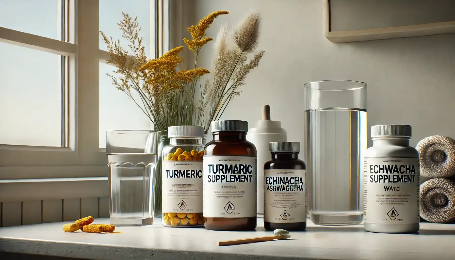 a well-organized bathroom counter with herbal supplement bottles, including turmeric, echinacea, and ashwagandha, alongside a glass of water. 