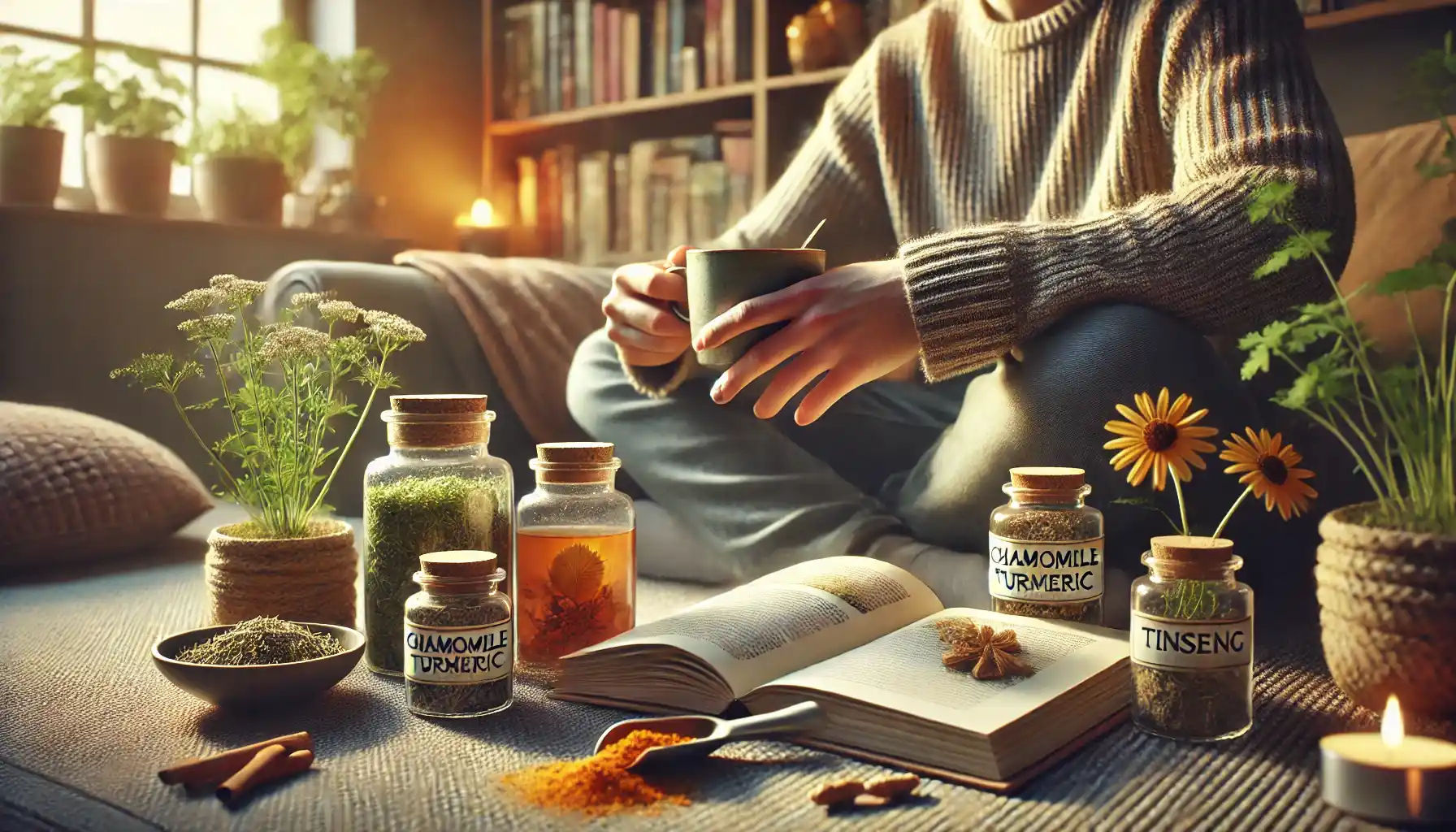 a person in a cozy home setting, sitting on a couch with a herbal tea cup in hand, reading a book about herbal medicine.