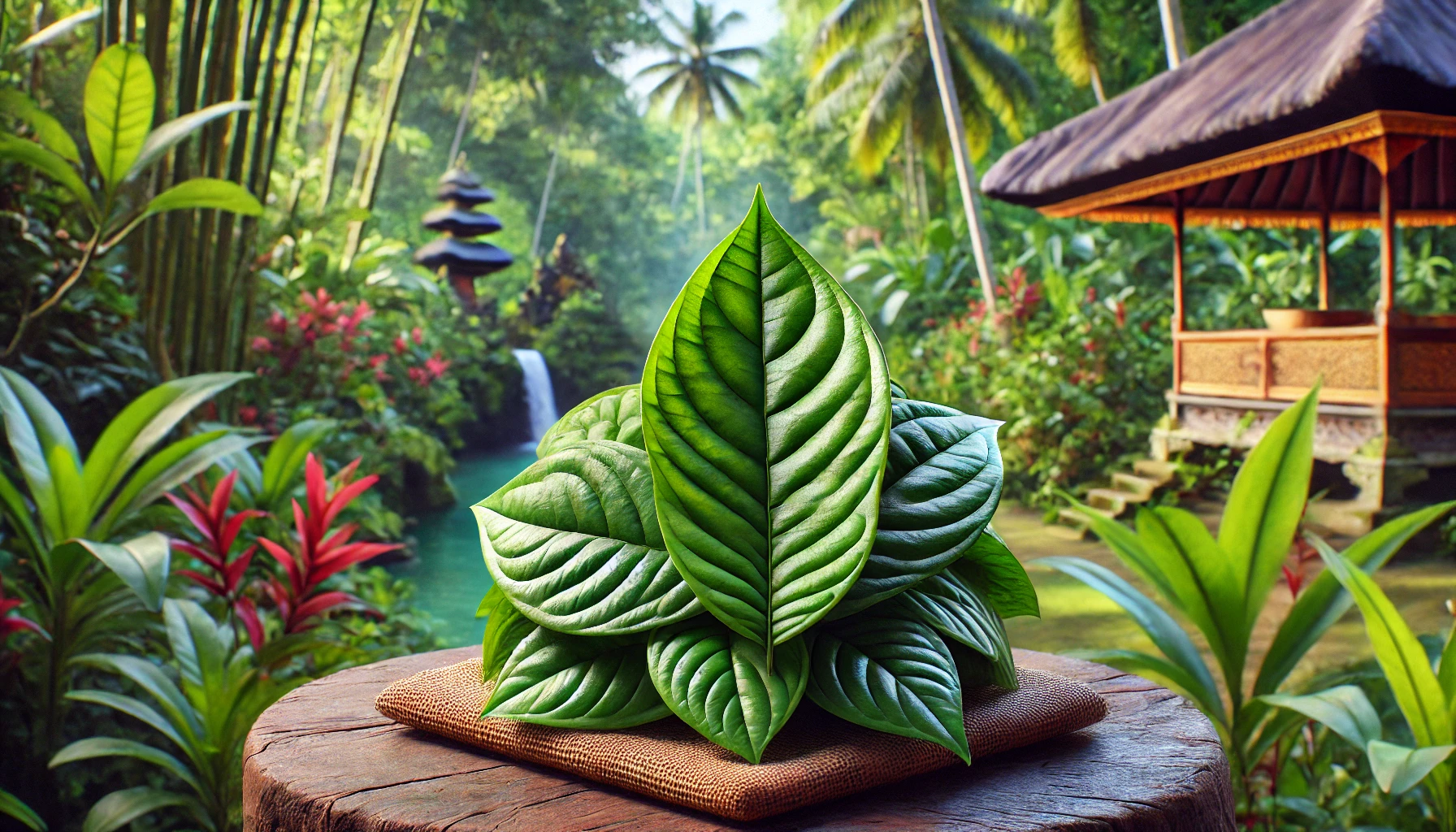 Betel Leaf (Sirih) in Bali. The leaves are fresh and green, displayed in their natural habitat, with Balinese vegetation in the background.