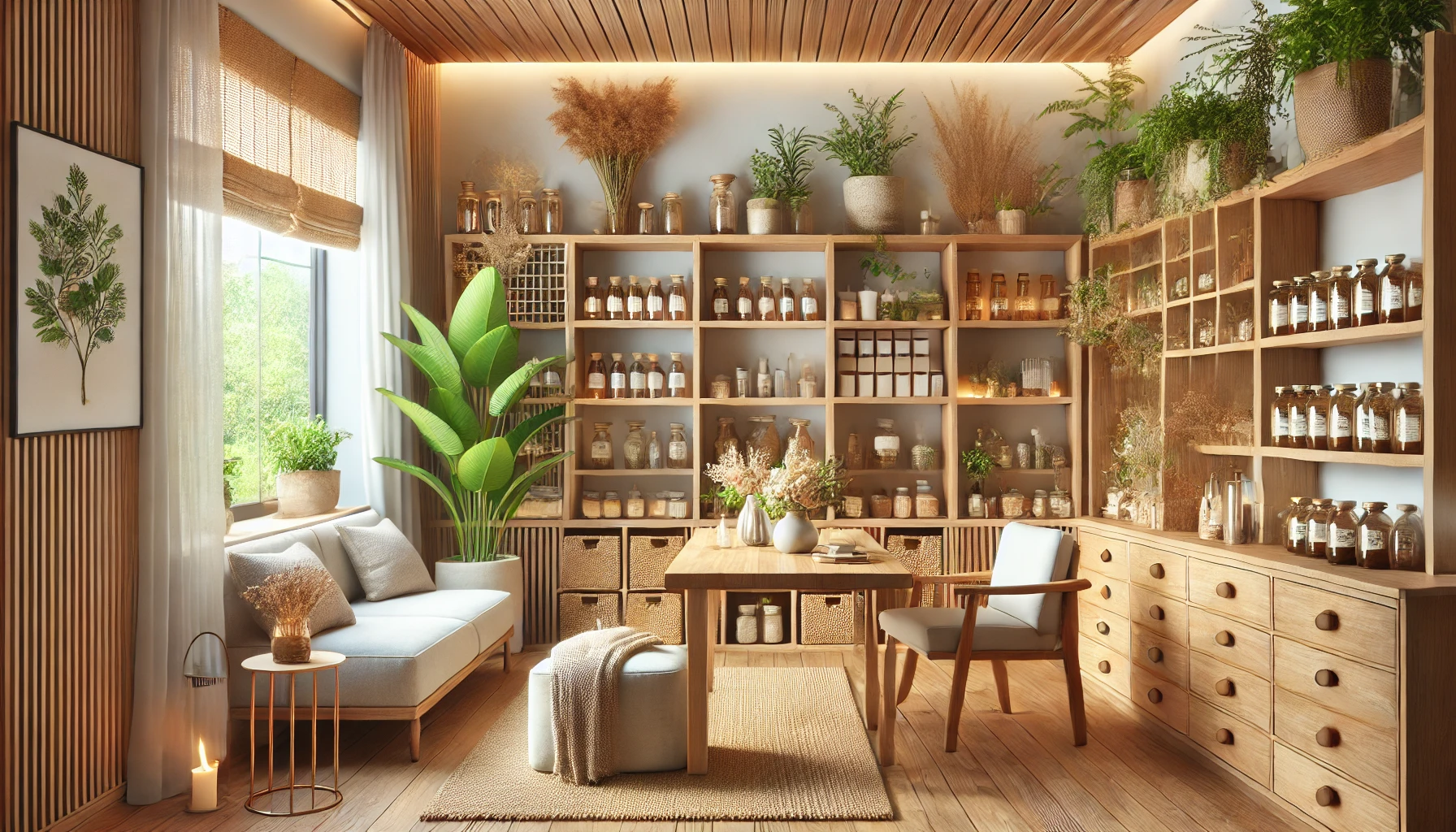 a cozy herbal clinic or consultation room in the United States. The room is designed with natural wood furnishings, plants, and shelves displaying jars and bottles of herbal remedies.