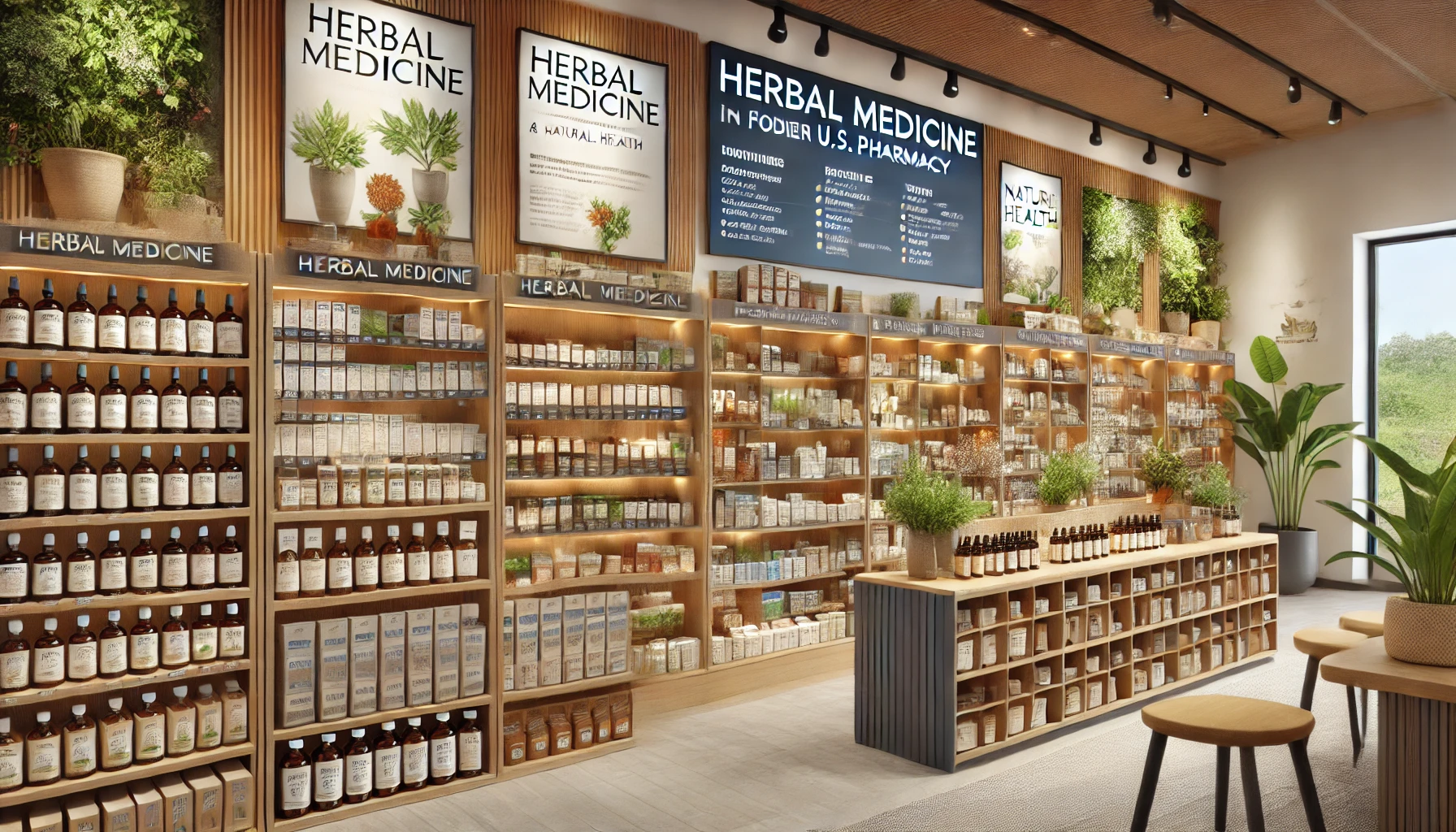 a herbal medicine section in a modern U.S. pharmacy. The area is well-organized with shelves filled with various herbal products such as tinctures, capsules, teas, and natural remedies.