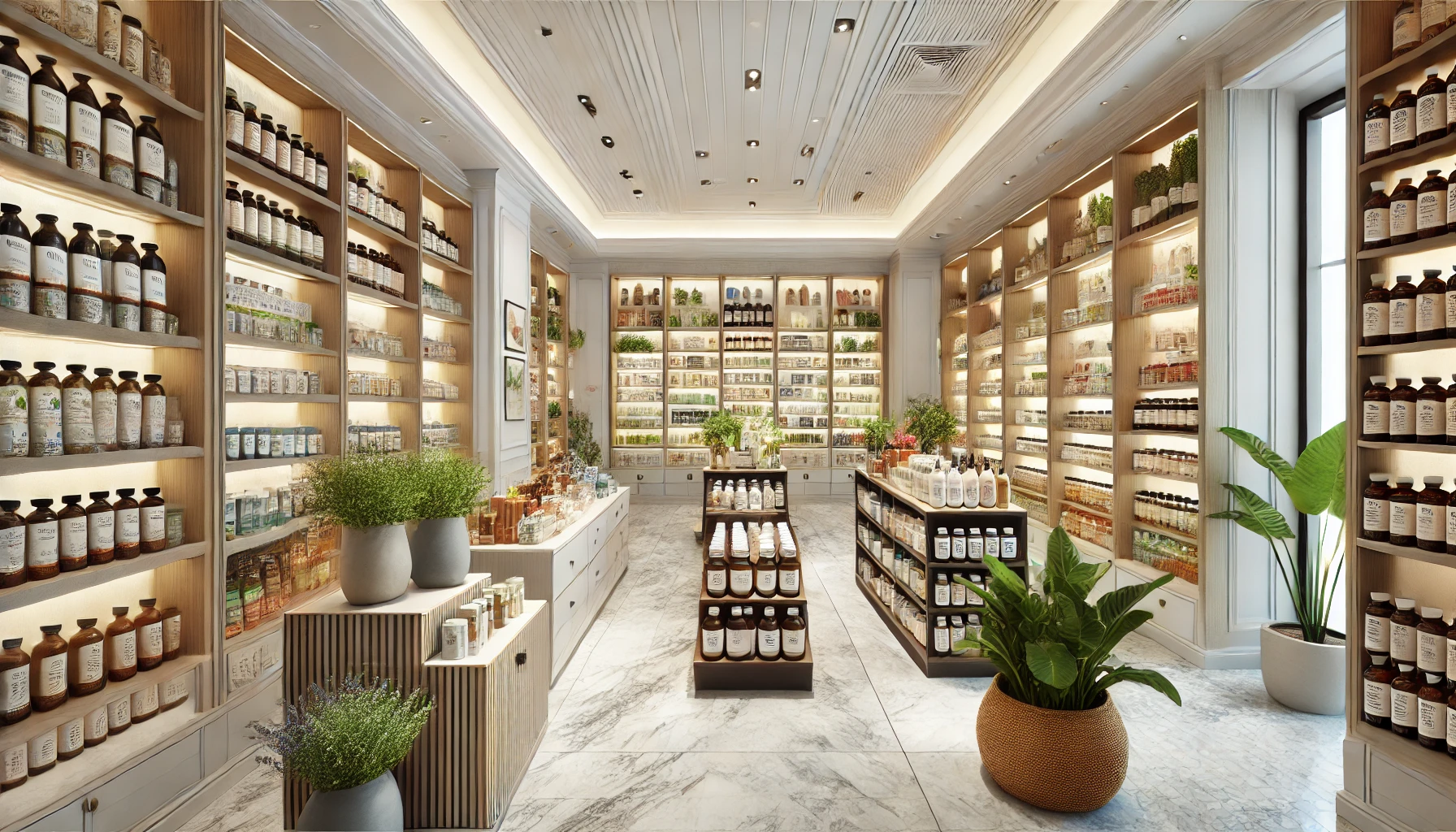 a modern herbal medicine section of a high-end health store in the U.S. The scene features a wide variety of herbal products displayed on well-organized shelves.