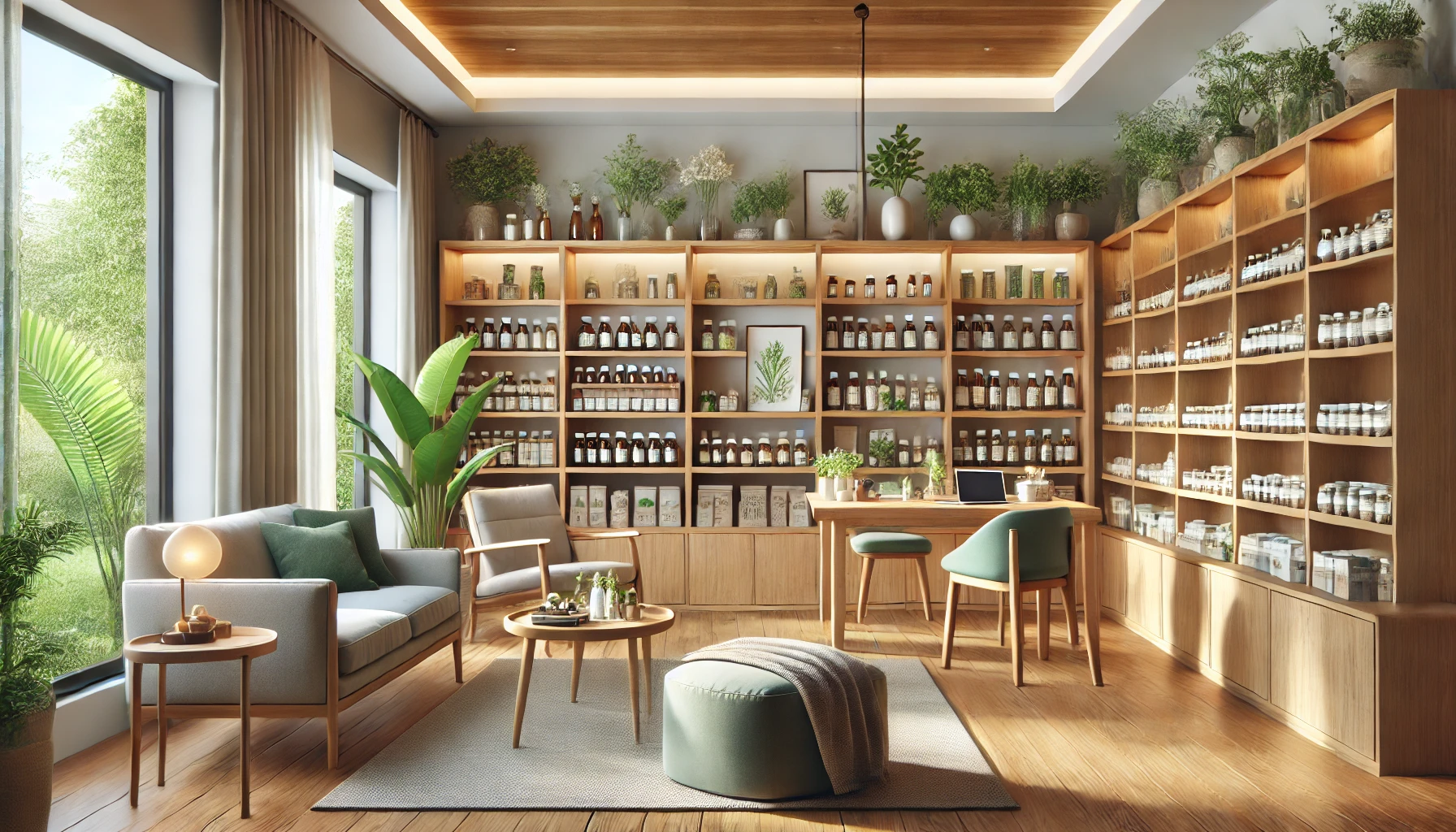 a modern, well-lit herbal medicine consultation room. The room features natural wooden furniture, a comfortable seating area, shelves filled with neatly organized herbal products in glass jars and bottles, and soft green plants that enhance the calming atmosphere.
