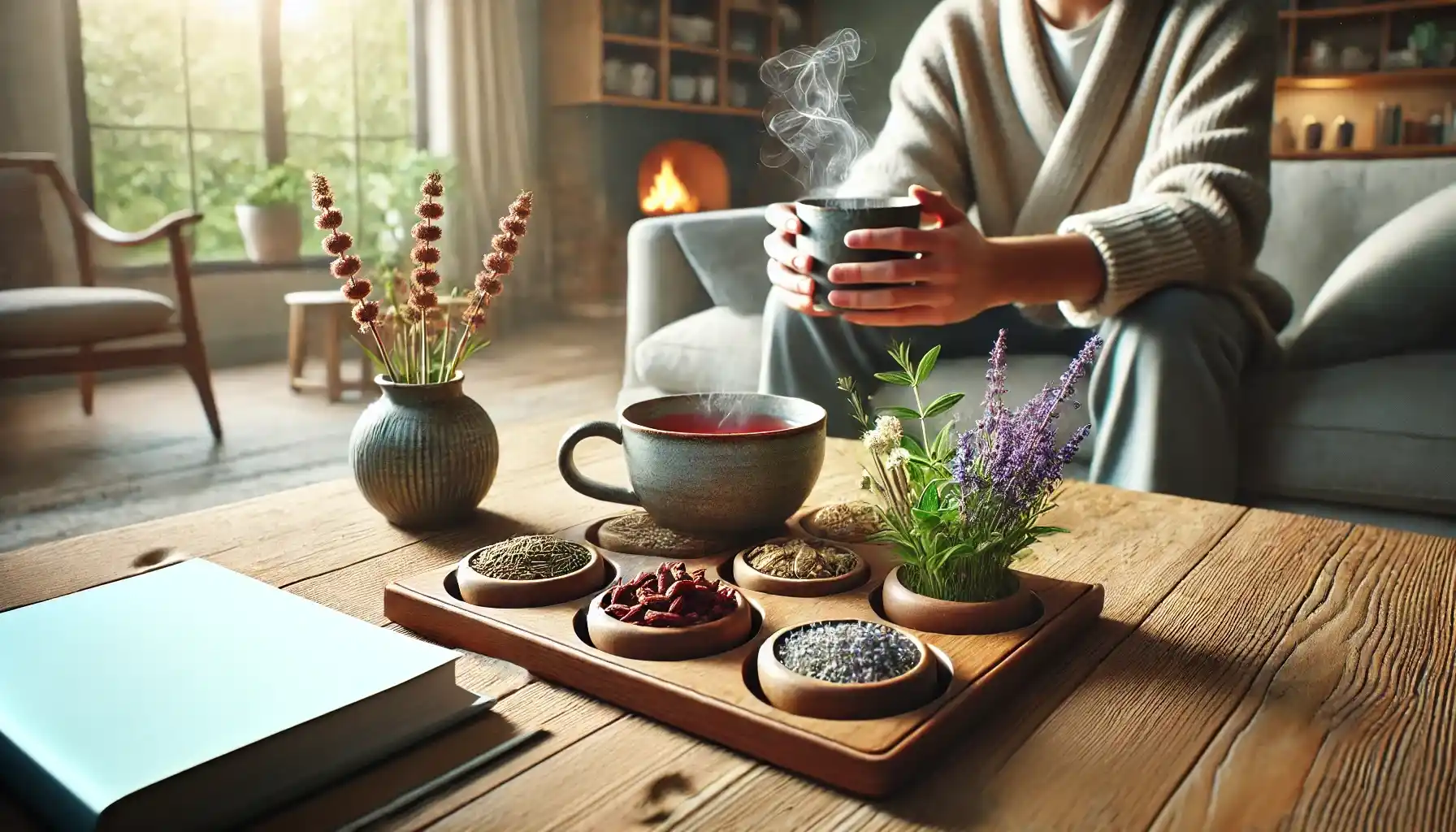 A person is sitting in a cozy living room, holding a steaming cup of herbal tea to reduce stress-level.