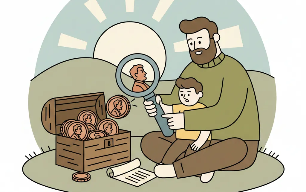  the man and child checking the Lincoln coins
